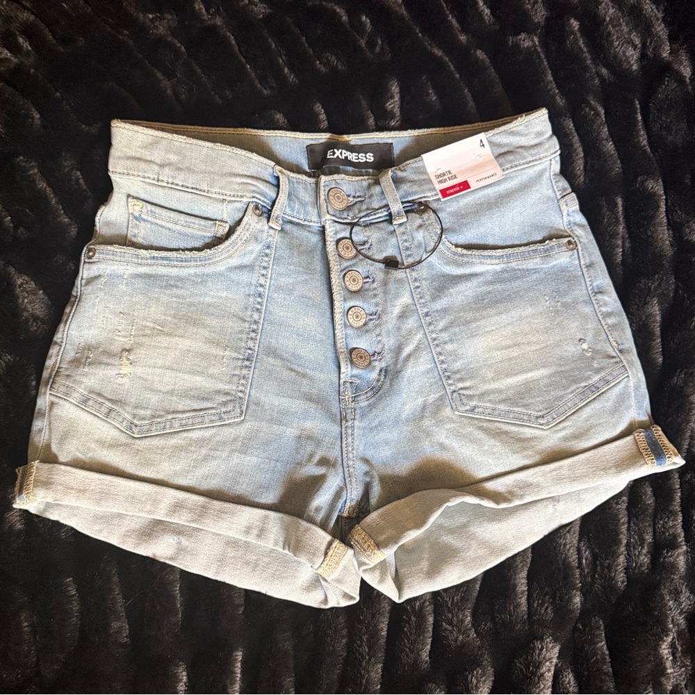 Express Blue High-Waisted Button Up Jean Shorts NWT